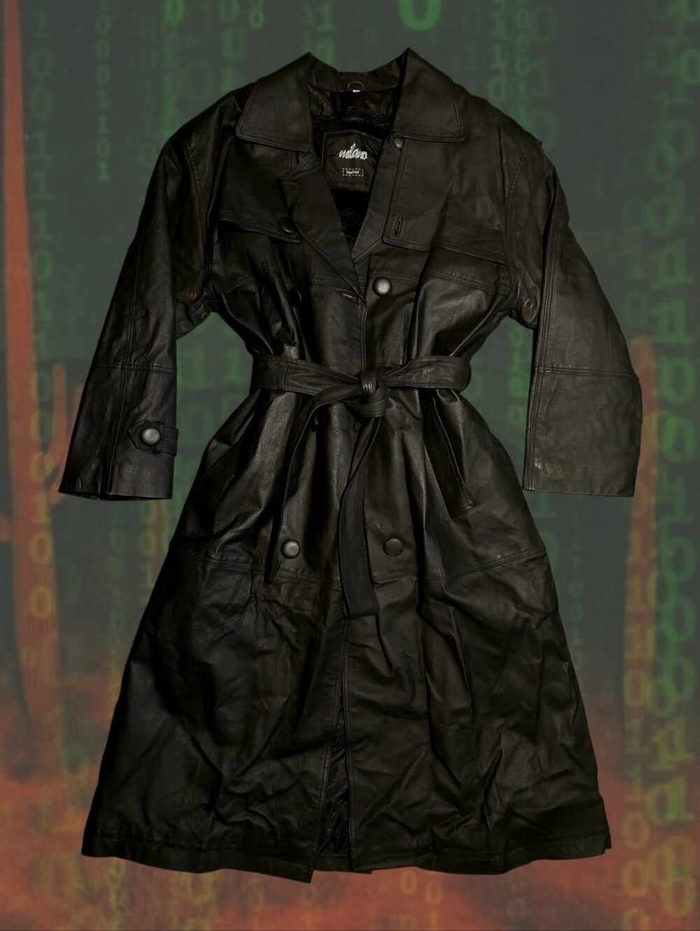 Vintage 80s/90s Milano Black Leather Trench Coat Belted Maxi Duster size Large.